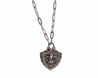 Sterling Silver Fleur de Lis Shield Necklace