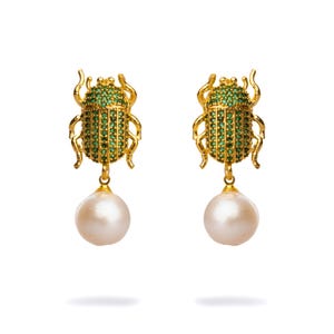 Egyptian Scarab Emerald & Pearl Dangle Mystic Earrings
