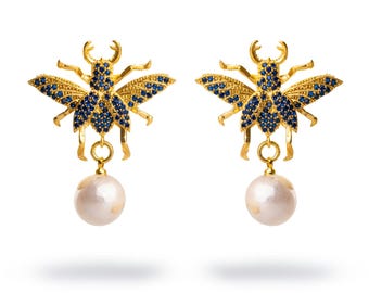 Divine Connection Queen Bee Sapphire & Gold Chunky Earrings