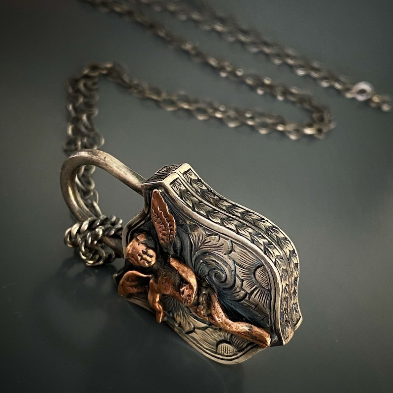 Meaningful Angel Lock Pendant - 925 Silver Rhodium-Plated Chain.