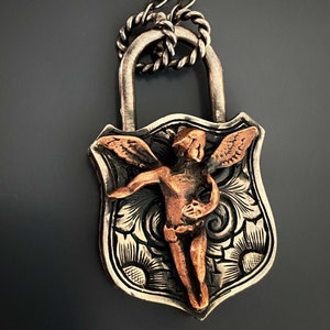 Angelic Presence Necklace - Lock Pendant with Guardian Angel Charm.