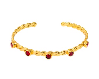 Twisted Ruby & Gold Dainty Cuff Bracelet