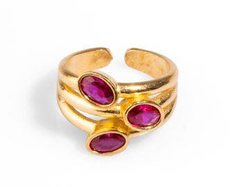 Trio Ruby Gemstone & Gold Stylish Adjustable Cocktail Ring