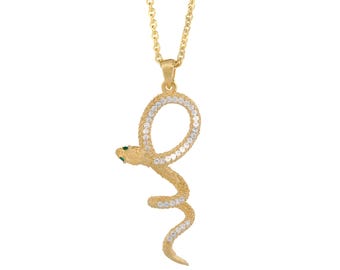 Emerald Eyed Mythology Snake Gold & Diamond Pendant Bold Chain Necklace