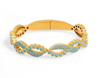 Modern Style Turquoise Gemstone & Gold Bangle Bracelet