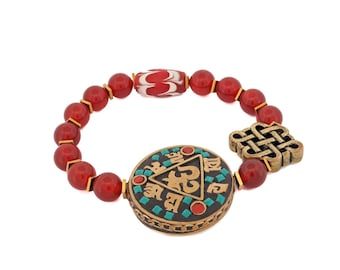 Sacred OM Carnelian & Tibetan Mantra Beaded Bracelet