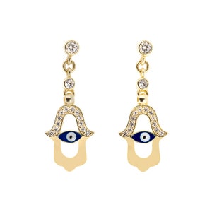 Blue Evil Eye Gold Hamsa Earrings