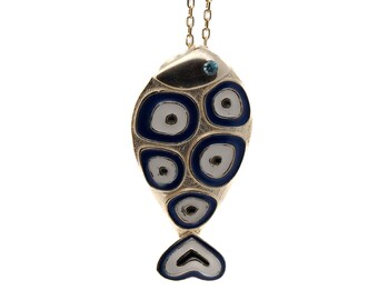 Collar de pez con ojo turco dorado y azul
