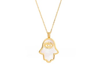 Pearl Divine Hamsa & Evil Eye Pendant Gold Vermeil Chain Necklace