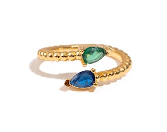 Sapphire & Emerald Teardrop Glow Gold Adjustable Ring