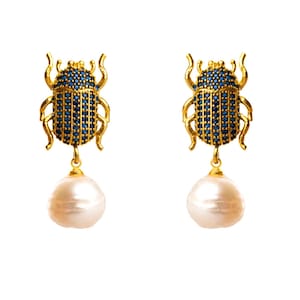 Egyptian Scarab Sapphire & Pearl Dangle Mystic Earrings