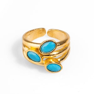 Trio Turquoise Gemstone & Gold Stylish Adjustable Cocktail Ring