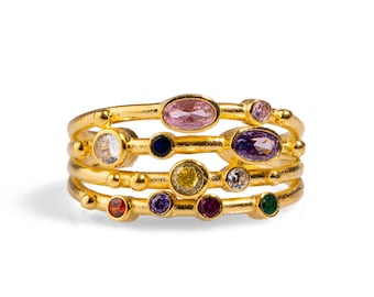 Colorful Multi Gemstone & Gold Adjustable Statement Ring