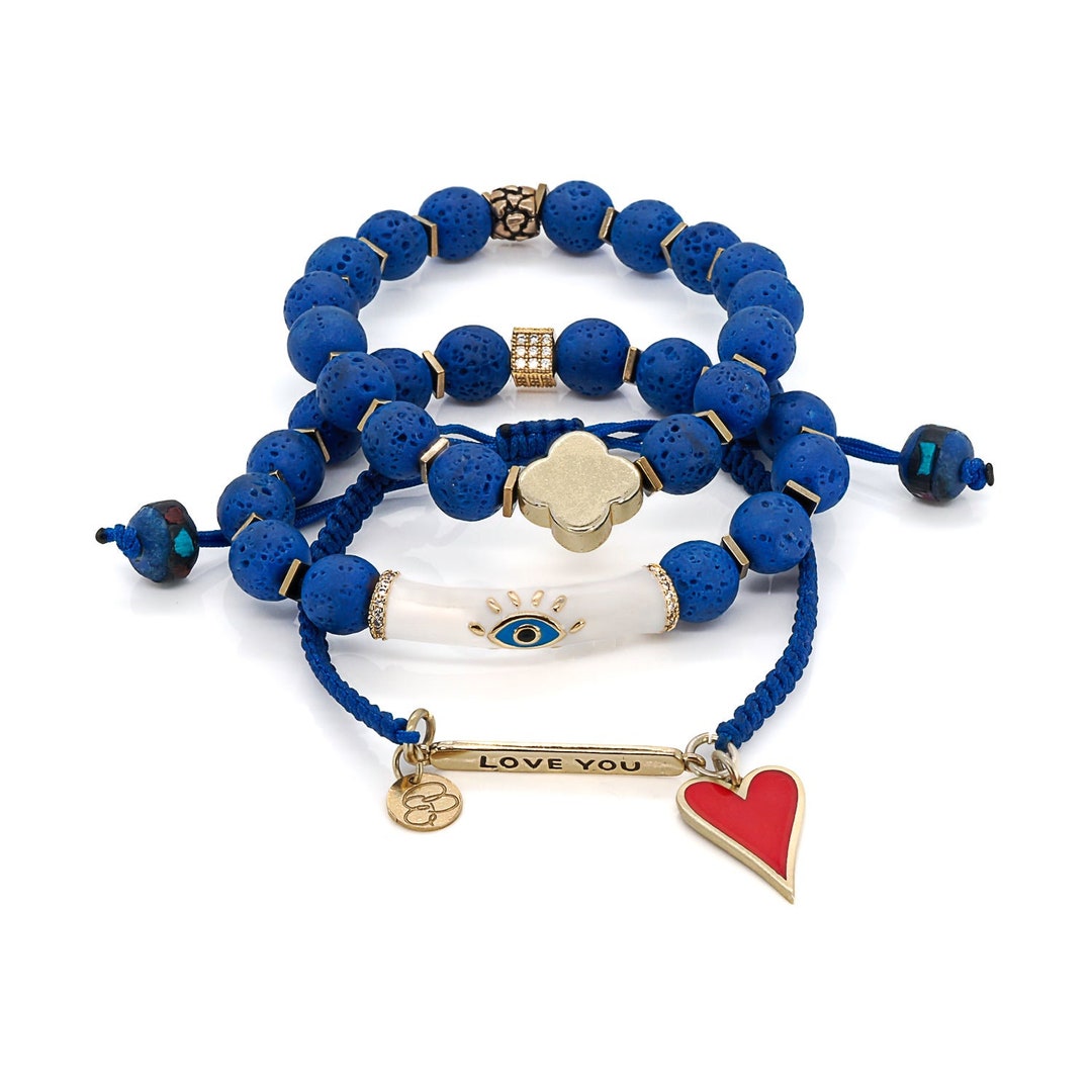 Triple Bracelet Set Blue Evil Eye Bracelet Love Bracelet Etsy