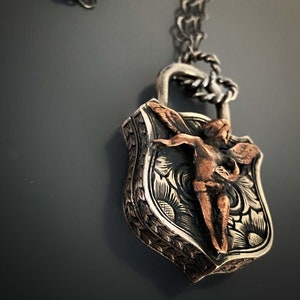 Stylish Handmade Necklace - Lock Pendant with Bronze Angel Charm.