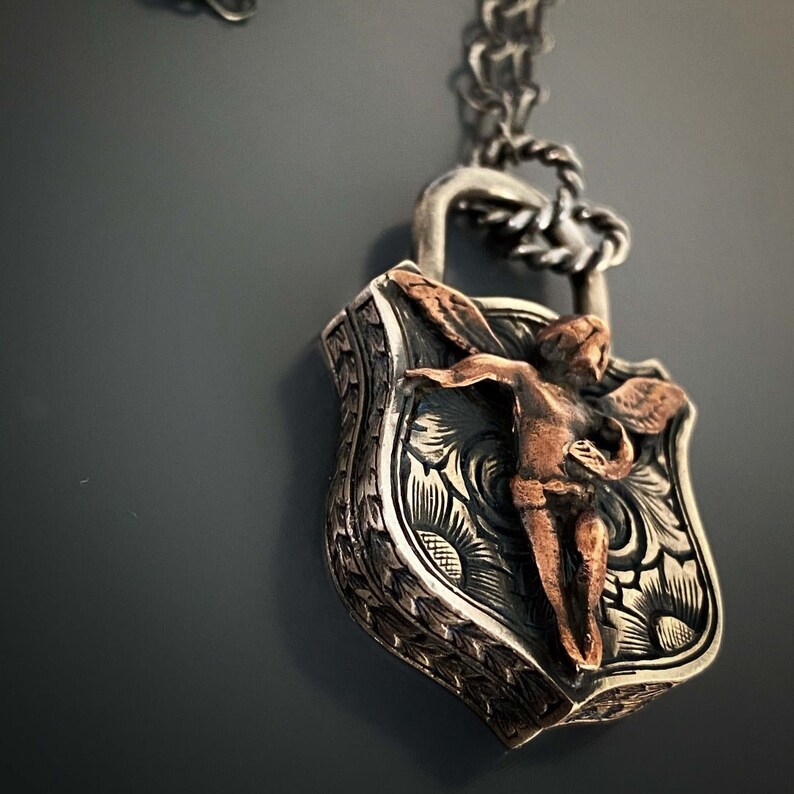 Stylish Handmade Necklace - Lock Pendant with Bronze Angel Charm.