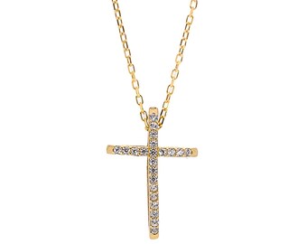 Könnte beinhalten: Eine goldene Kettenkette mit einem kleinen, mit Diamanten besetzten Kreuzanhänger.