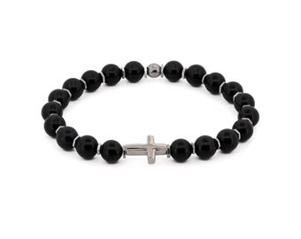 Sterling Silver Cross Black Onyx Beaded Bracelet