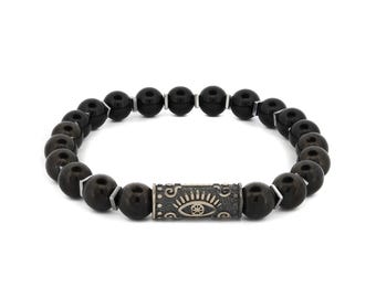 Black Onyx Stone & Sterling Silver Unique Evil Eye Symbol Beaded Bracelet