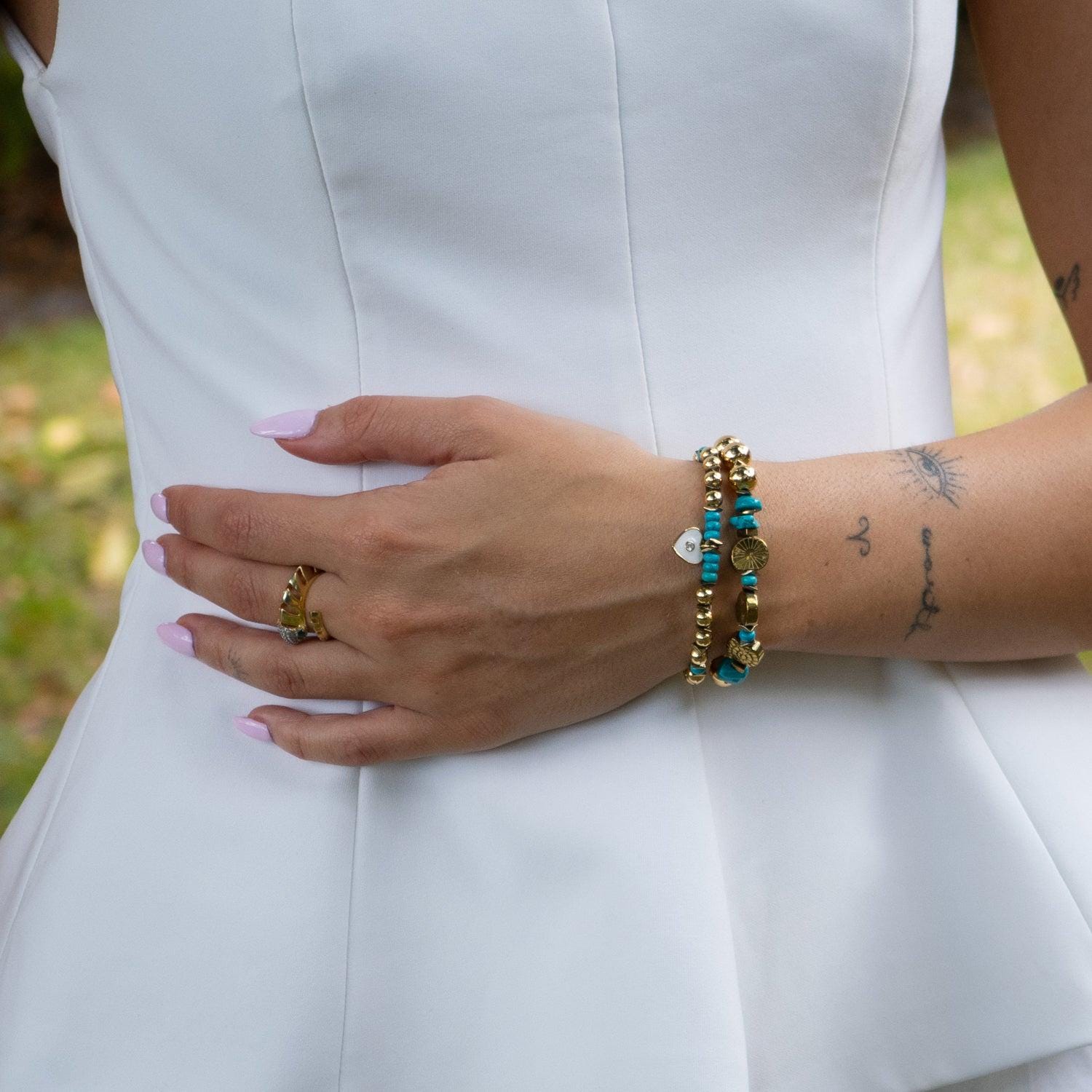 ターコイズハートチャーム ブレスレット bohoスタイルターコイズ ハートチャーム デザインブレスレット