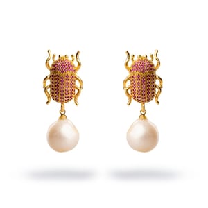 Egyptian Scarab Ruby & Pearl Dangle Mystic Earrings