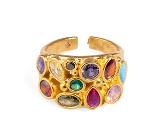 Teardrop Colorful Multi Gemstone & Gold Adjustable Statement Ring