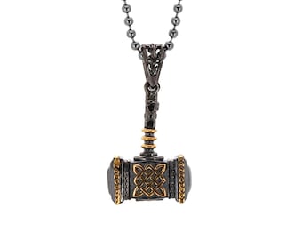 Viking Thor Hammer Sterling Silver & Gold Pendant Necklace