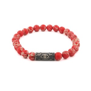 Sterling Silver Evil Eye & Red Jasper Stone Beaded Bracelet