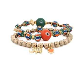 Ensemble de bracelets de protection africains en perles avec breloques éléphant et cœur