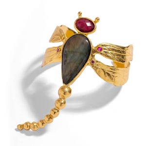 Spiritual Dragonfly Labradorite & Ruby Gold Cuff Bracelet