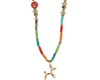 Playful Spirit Balloon Dog Necklace with Jasper & Evil Eye