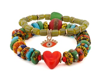 Bohemian Style Red Heart & Evil Eye Happy Bracelet Set