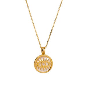 Pearl & Gold Round Evil Eye Pendant Talisman Necklace