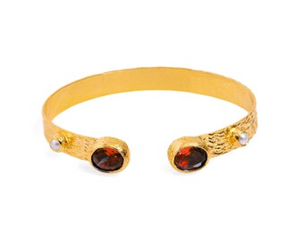 Cleopatra Ruby & Pearl Adjustable Gold Cuff Bracelet
