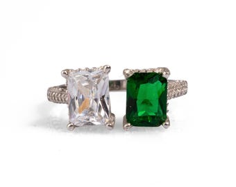 Emerald & Diamond Design Sterling Silver Statement Ring