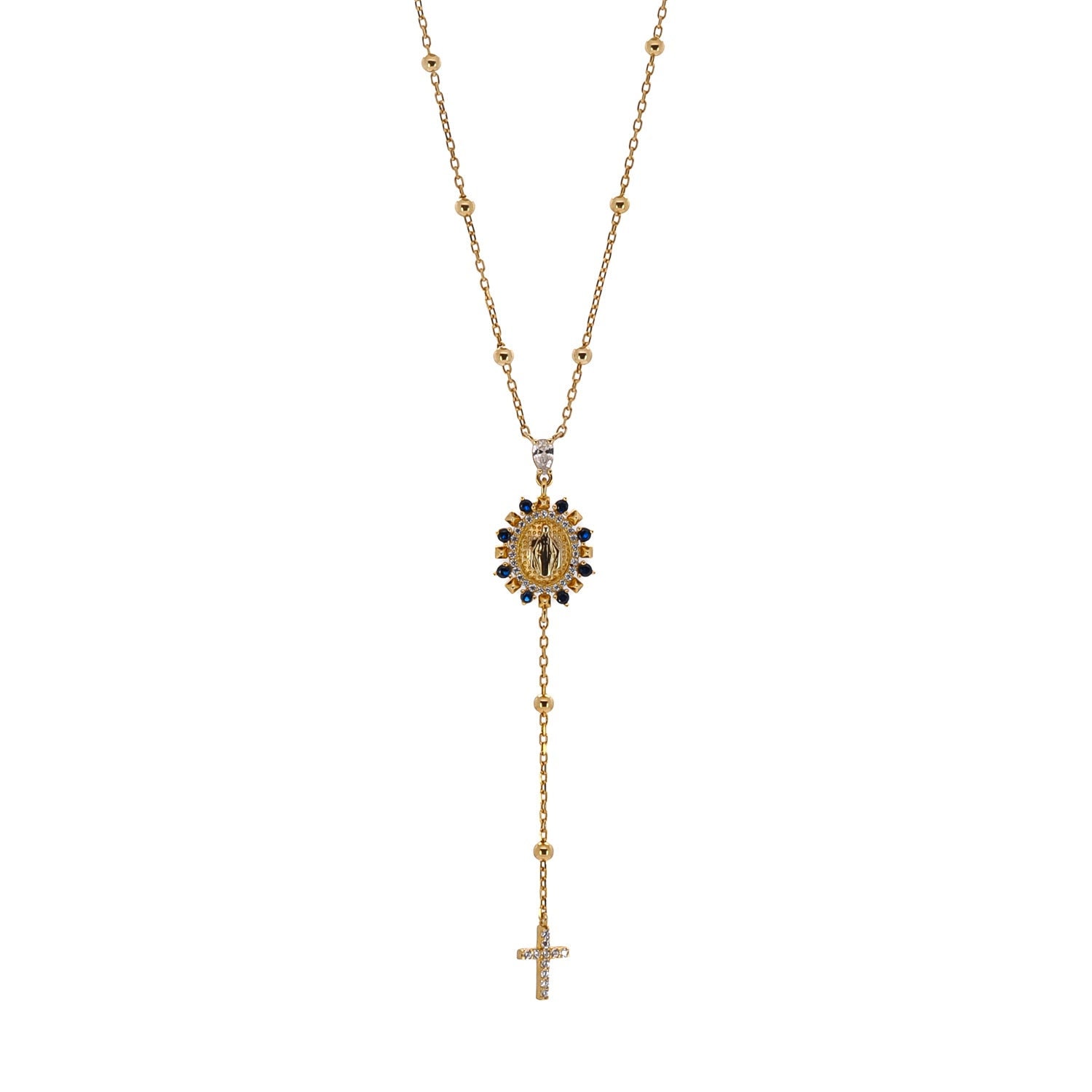 Sapphire & Diamond Virgin Mary Cross Pendant Gold Chain Necklace