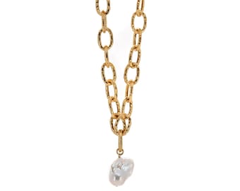 Majestic Pearl Stone Pendant Gold Link Chain Necklace