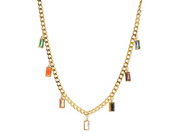 May include: A gold-colored chain necklace with rectangular, colorful pendants. The pendants are in various colors, including green, orange, blue, red, and black. The necklace is displayed against a white background.