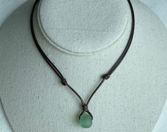 Sea Green Recycled Glass Bead Adjustable Brown 1.5mm Cord Necklace Waterproof