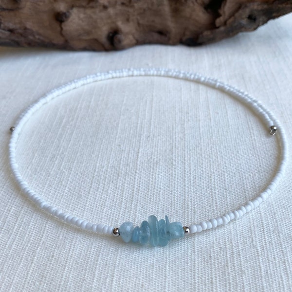 Aquamarine Chip Beaded White Adjustable Memory Wire Wrap Necklace