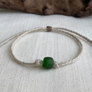 Organic Natural Hemp Anklet Emerald Green Recycled Glass Bead Adjustable