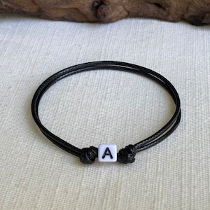 Custom Initial Letter Bead Black  Adjustable Cord Bracelet or Anklet Unisex