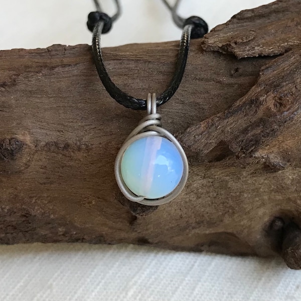 Titanium Wire Wrapped Opalite Pendant Adjustable Black Cord Necklace