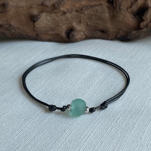 Aqua Recycled Glass Bead  Black Cord Adjustable Women&#39;s Bracelet or Anklet