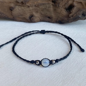 Waterproof Black Waxed Polyester Cord Anklet Opalite & Silver Stainless Steel Beads Adjustable 8+" Minimalist