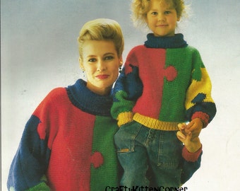 Vintage Ladies And Childrens Jigsaw Motif Chunky Sweater Knitting PDF Pattern