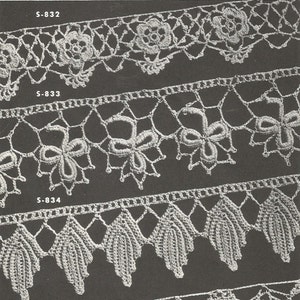 May include: Four different crochet lace patterns, labeled S-832, S-833, S-834, and S-835. The patterns are all white and are shown on a black background.