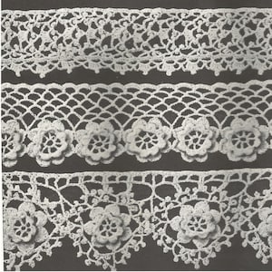 May include: Close-up of various white crochet lace patterns against a dark background. The designs include floral, geometric, and openwork styles, showcasing the intricate details of the handmade craft. Ideal for craft projects.