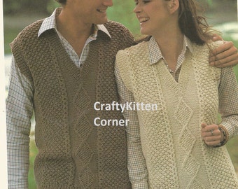 Vintage V Neck Aran Sweater Vests for Ladies and Men Knitting PDF Pattern
