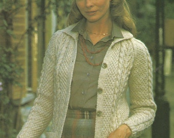 Vintage Ladies Aran Jacket/Cardigan With Collar Knitting PDF Pattern